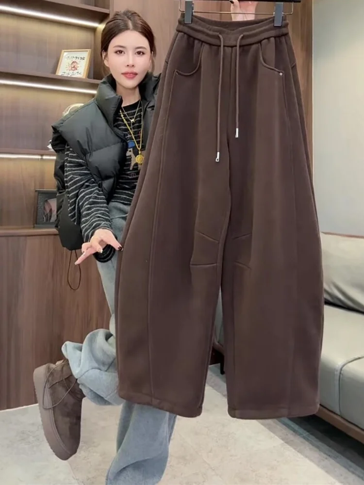 

Thiened Fce Wide Leg Pants Women's Casual Trousers Elastic Waist Autumn Winter Warm Pants Korean Sle Straight Cut Pants