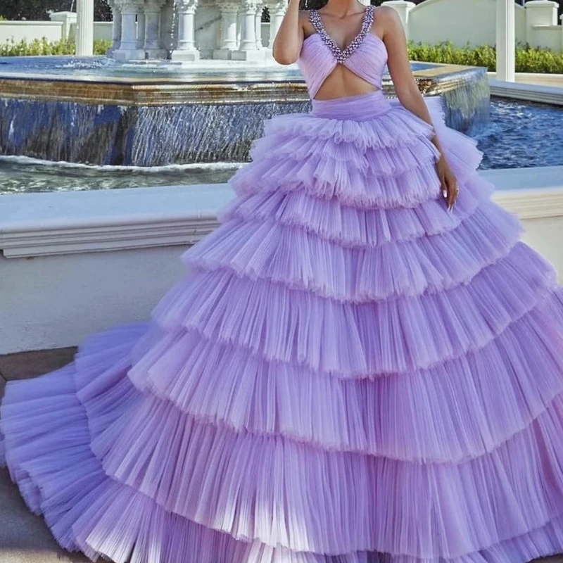 

Customized Lavender Women Prom Dresses V Neck Cutout Top Crystal Tulle Tiered Skirt Vestido De xv Anos Quinceanera Dress Party