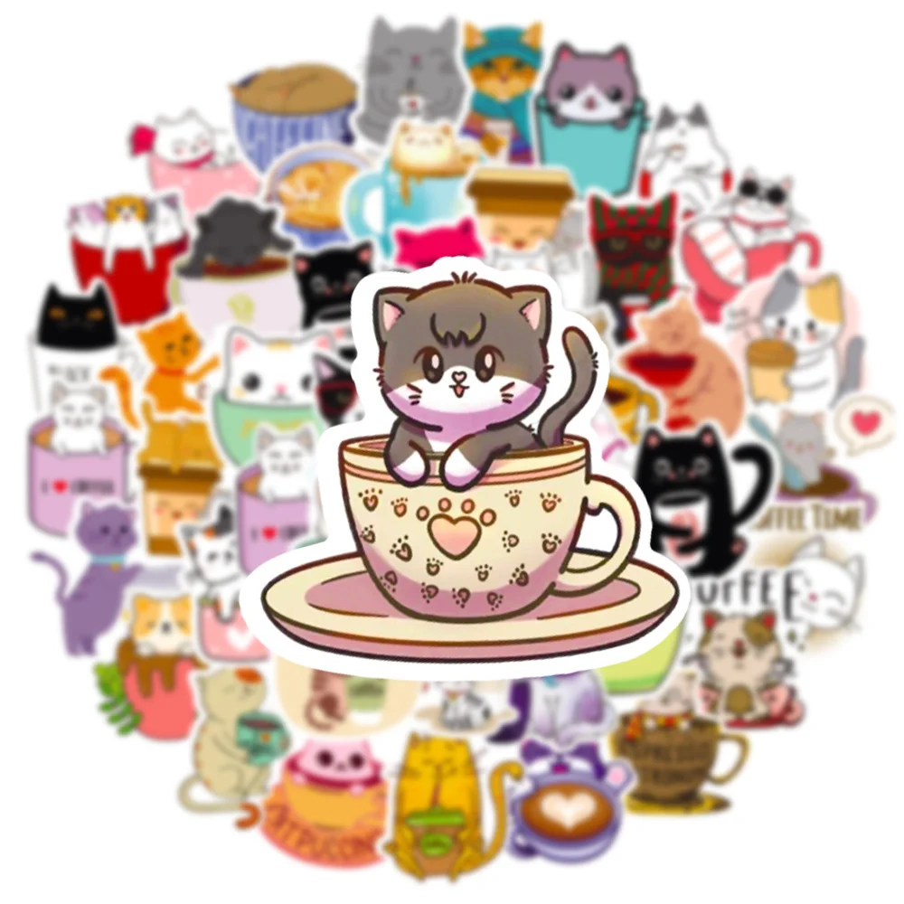 50 PCS Cartoon Hand-painted Cat Coffee Stickers Decals Laptop Mobile Phone Luggage Skateboard iPad Children\'s Toys Waterproof St