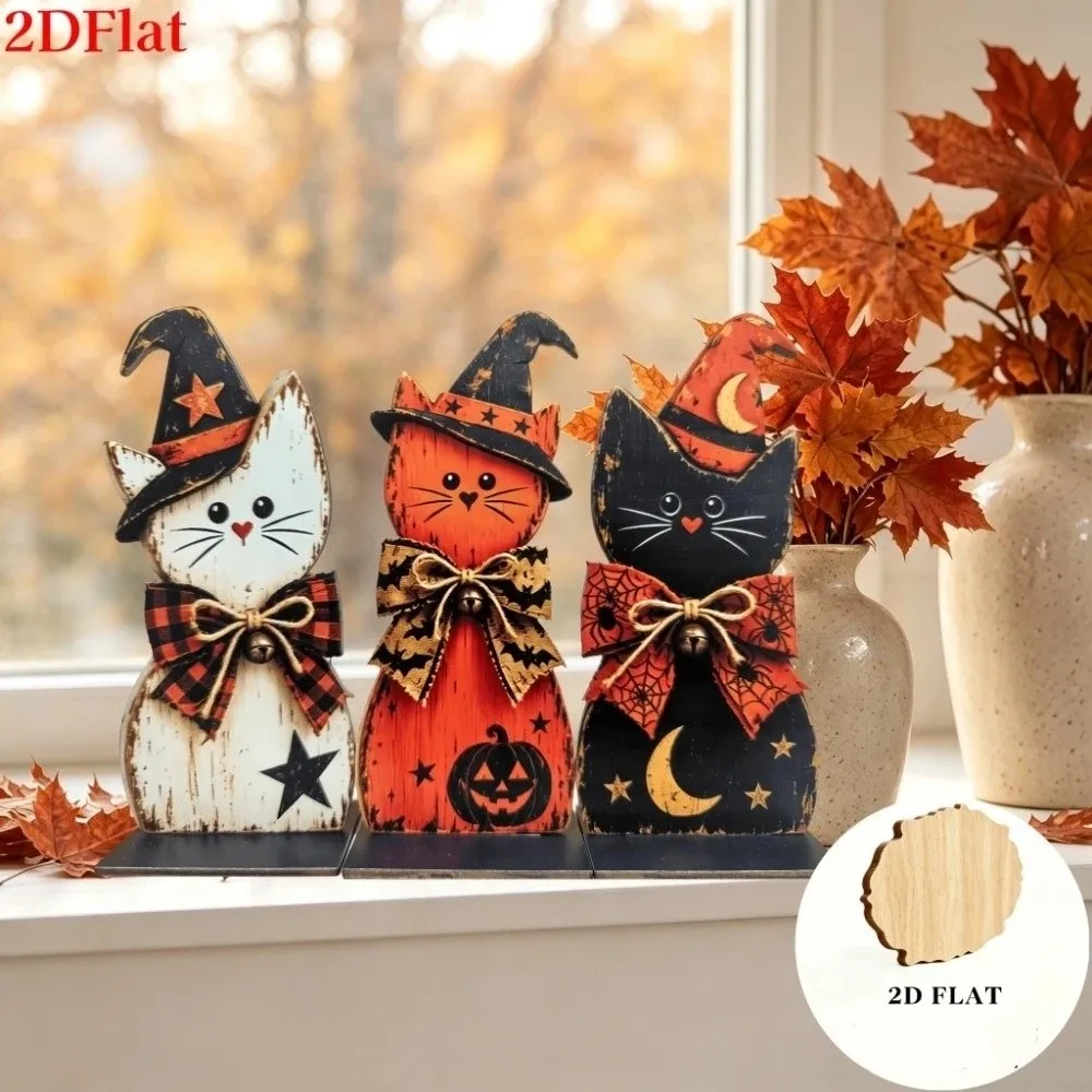 3Pcs Thickened 2D Flat Wooden Halloween Witch Cat Set Autumn Plaid Bows Witch Hat Cat Table Ornament Moon Star Stable Base