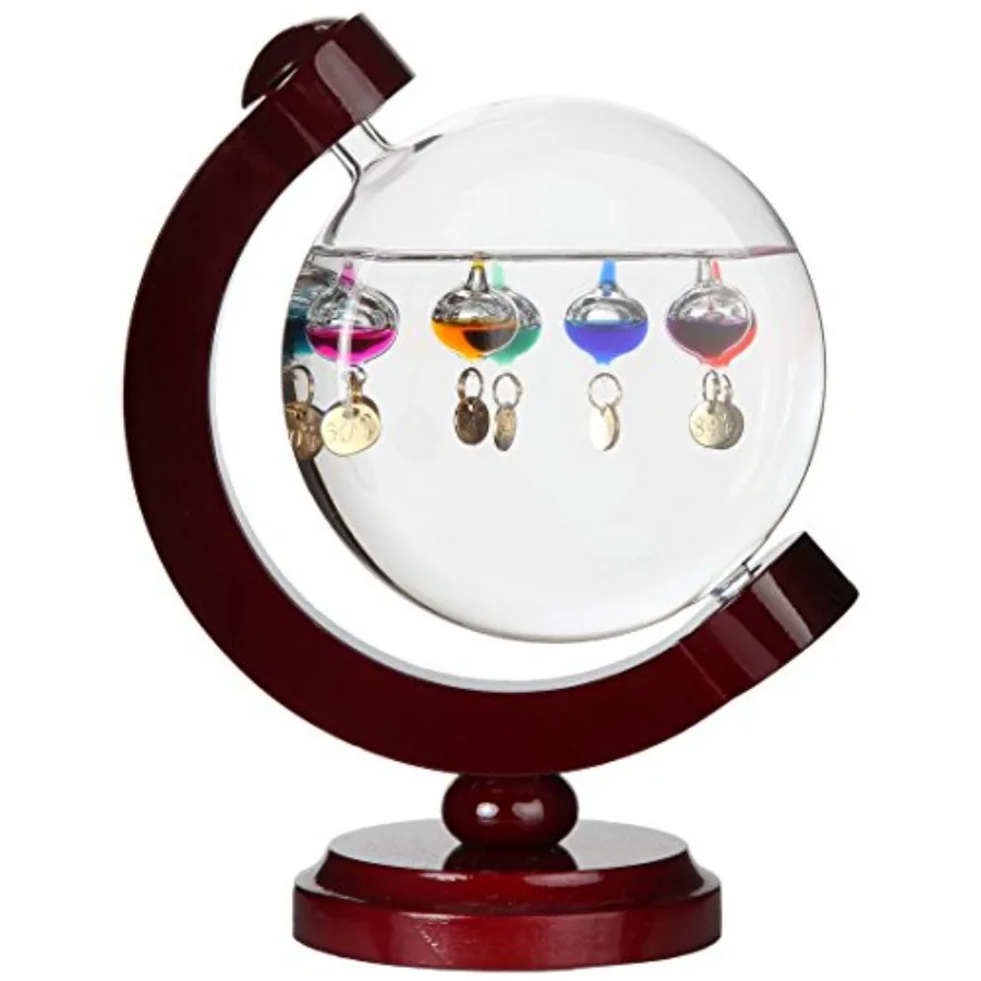 

Round Galileo Thermometer with 7 Multi Colored Balls and Gold Tags 60ºF to 84ºF, Cherry Wood Frame Design, Ideal Gift for Frien