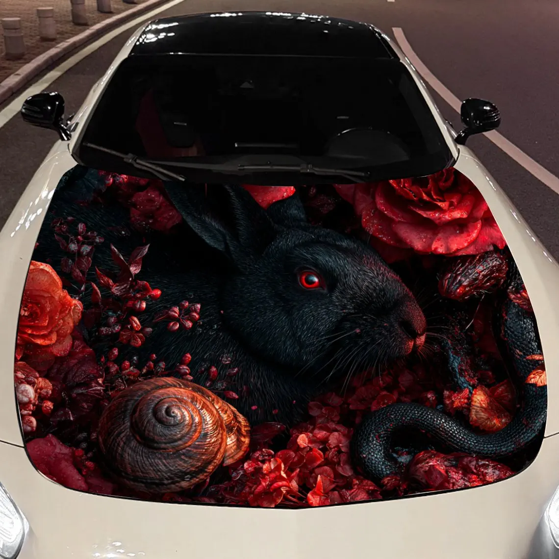 

Rose World of Black Rabbit and Flower Snake Car Vinyl Wrap, PVC Material Waterproof Car Hood Sticker, Self-Adhesive Scratch-Resi