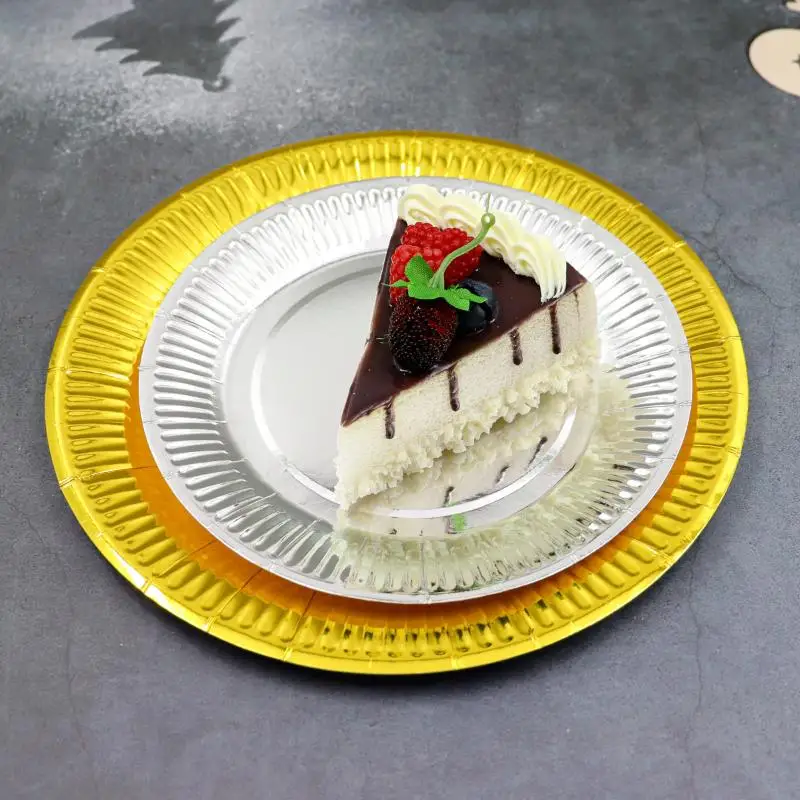 Shiny Gold Silver Disposable Metallic Foil Paper Plates Sturdy Build Food Grade for Wedding Reception Bridal Shower