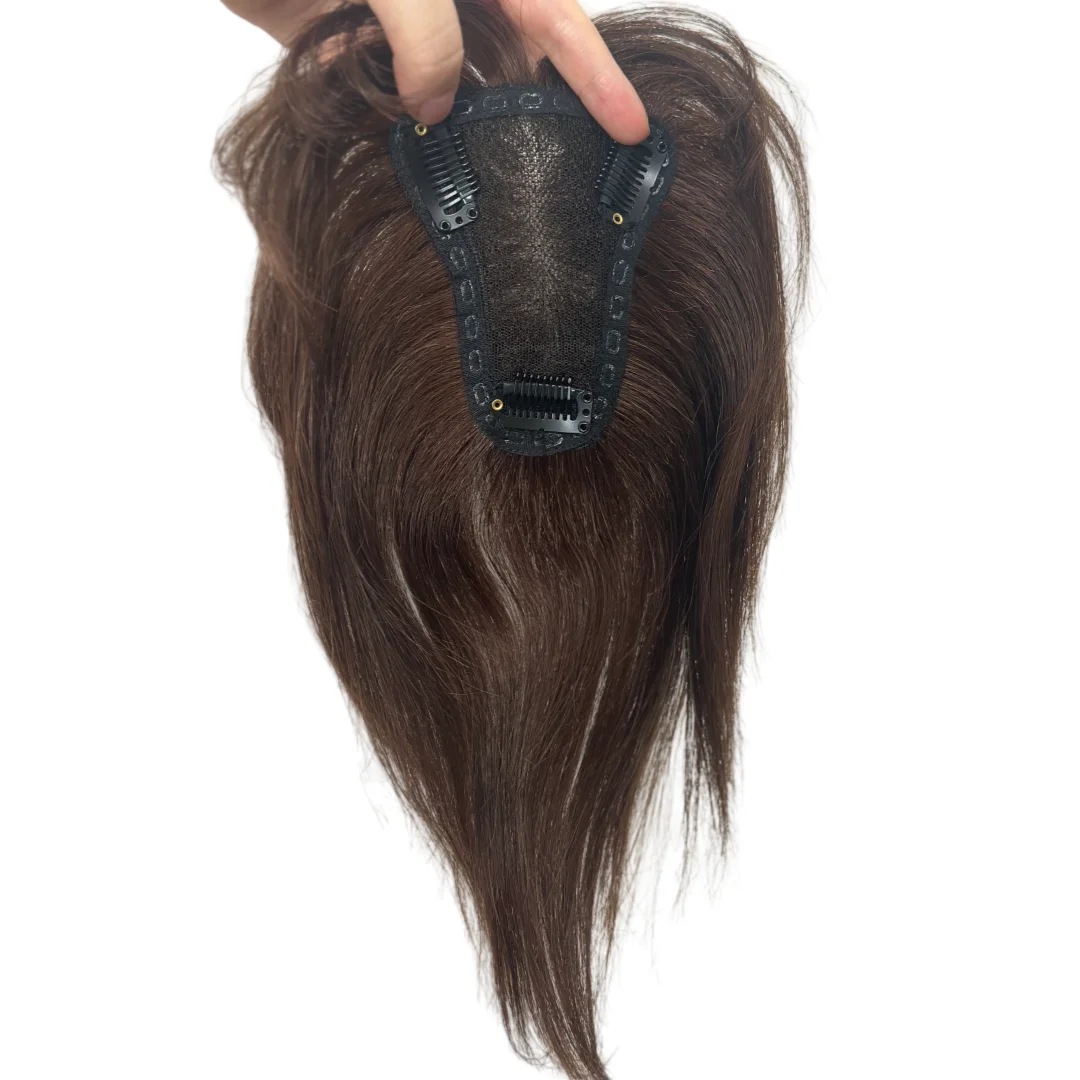 Topper Rambut Asli Swiss Lace yang Bernapas untuk Wanita, Warna Cokelat Tua dengan Poni, Topper Garis Rambut dengan Klip untuk Menutupi Rambut Menipis