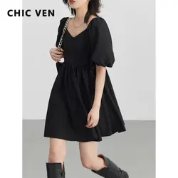 CHIC VEN Women Dresses Retro V-neck Puff Sleeve High Waist Female Dress Solid A Line Black Ladies Clothing Summer New 2025