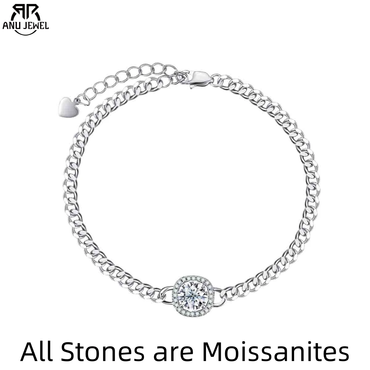 AnuJewel Moissanite Cuban Bracelet On Hand 925 Sterling Silver 18K White Gold Plated  Adjustable Bracelets for Woman Jewelry