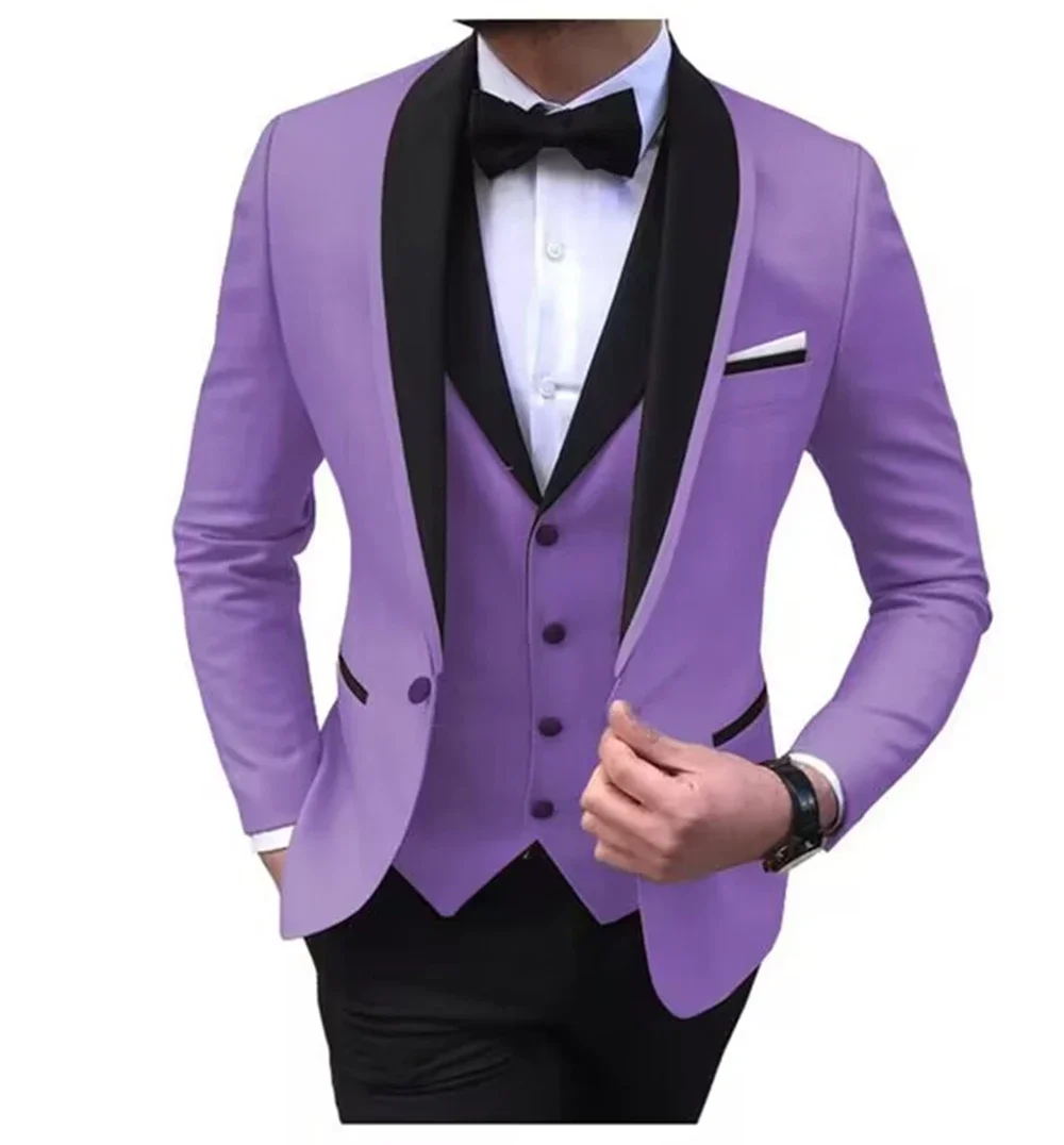 Solid Men\'s 3 Pieces Wedding Suit One Button Shawl Lapel Jacket Vest Pants Dinner Groom Tuxedos Slim Fit Formal Business Suits