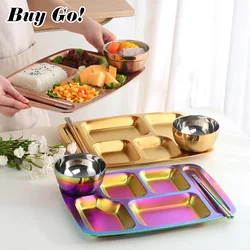 6 Sections Stainless Steel Fast Food Divided Tray Lunch Container Food Dinner Snack Plate With Spoon Chopsticks for Kids School