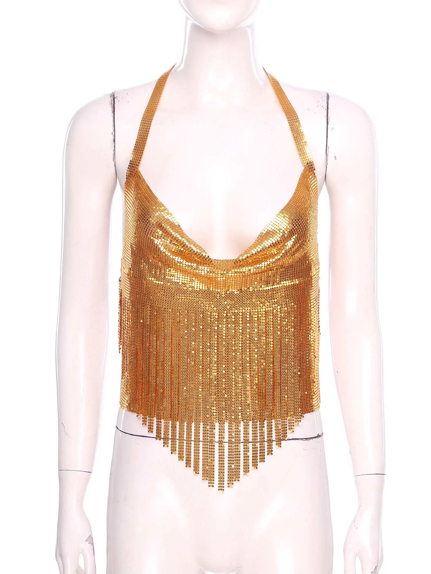 Damesmode Kwasten Top Hot Verstelbare Halter Glanzend Metallic Backless Crop Tops Nachtclub Rave Party Muzikaal Festival Kostuum