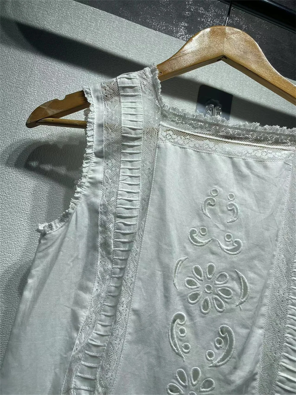 Linen Cotton Blend Women Lace Mini Dress Sleeveless Embroidery White A-Line O-Neck Casual Ladies Summer New 2024 Tank Dress