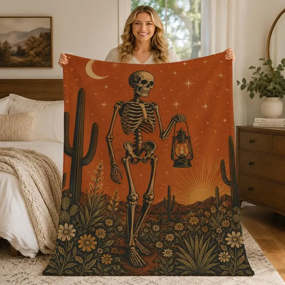 Vintage Gothic Celestial Skeleton Throw Blankets Soft Warm Flannel Blanket Bedding for Bed Living room Home Sofa
