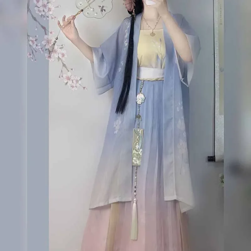 Chinese Hanfu Dress Women Cosplay Costume Party Outfit Ancient Traditional Vintage Summer Gradient Coat+Camisole+Skirt 3pcs Sets