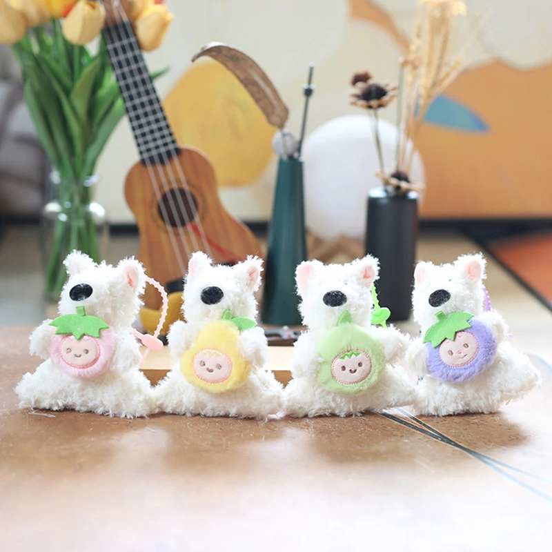 Lovely West Highland Plush Dog Holding Fruits Keychain Plush Pendant Cartoon Animal Dog Bag Decoration Pendant Car Keychain