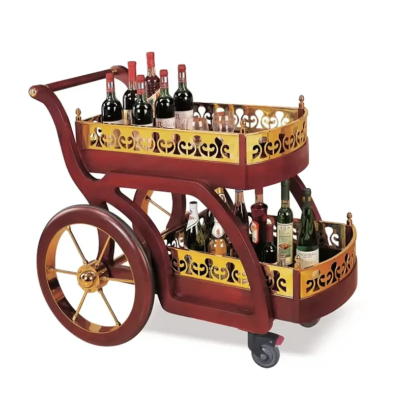 Hotel Liquor Trolley Classical Style Mobile Bar Cart 4 Wheels Antique Wooden Serving Wine Cart for Hotel Restaurant Bar &