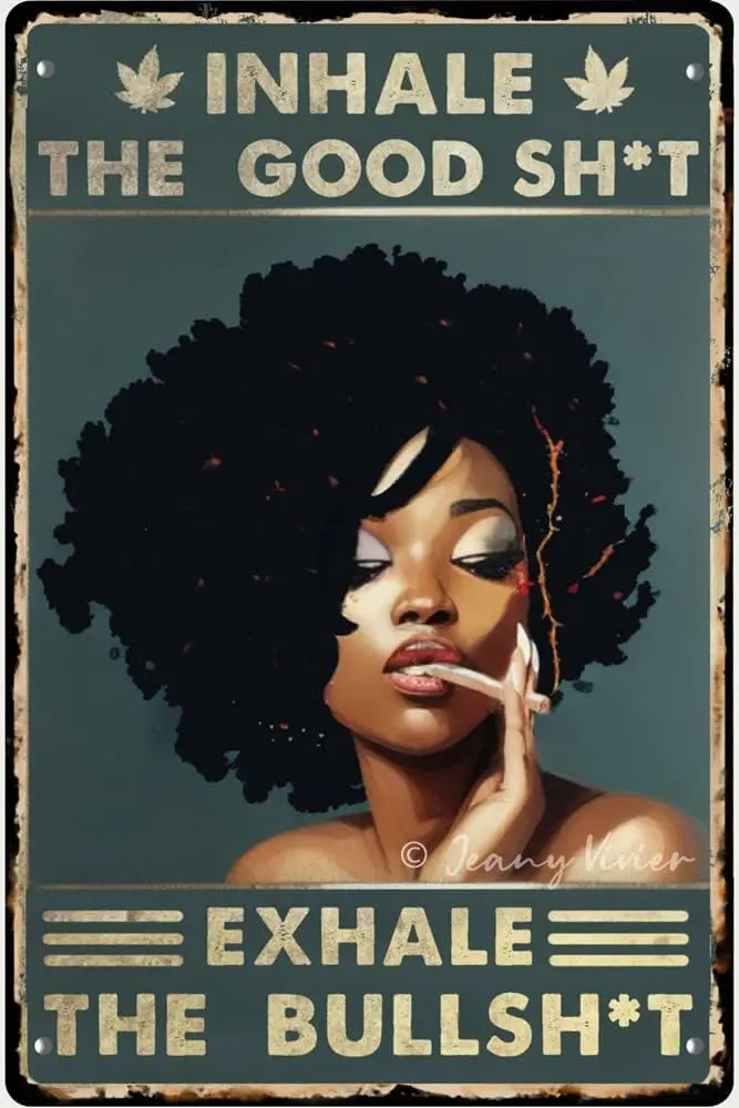 Zomyto Vintage Tin Sign, Inhale Exhale Wall Art, Black Art, African American Women Wall Decor, Afro Room Decor, Smoking Home Dec