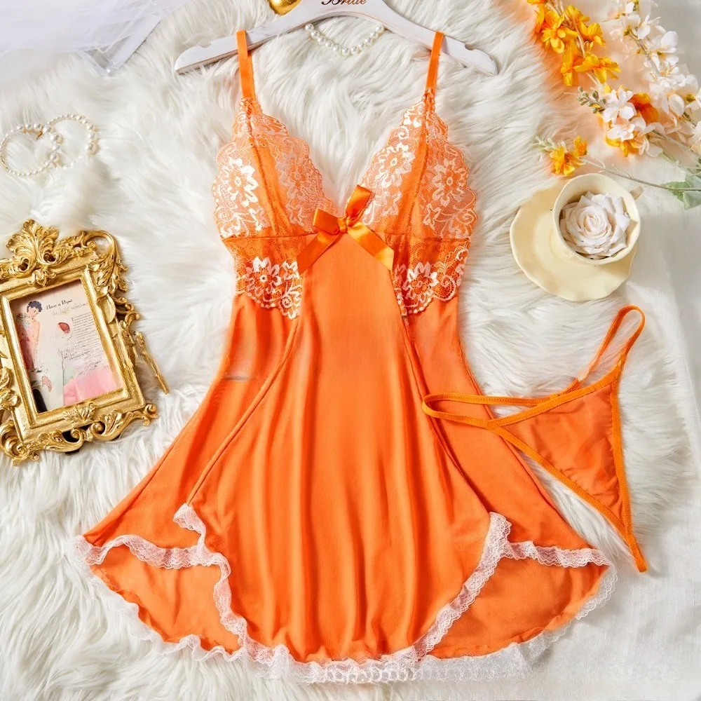 

Transparent Thin Style G-string Lace Ruffle Trim Lingerie Set Women Nightgowns Sleeveless Sleepwear Sexy V-Neck Bra Panty Sets