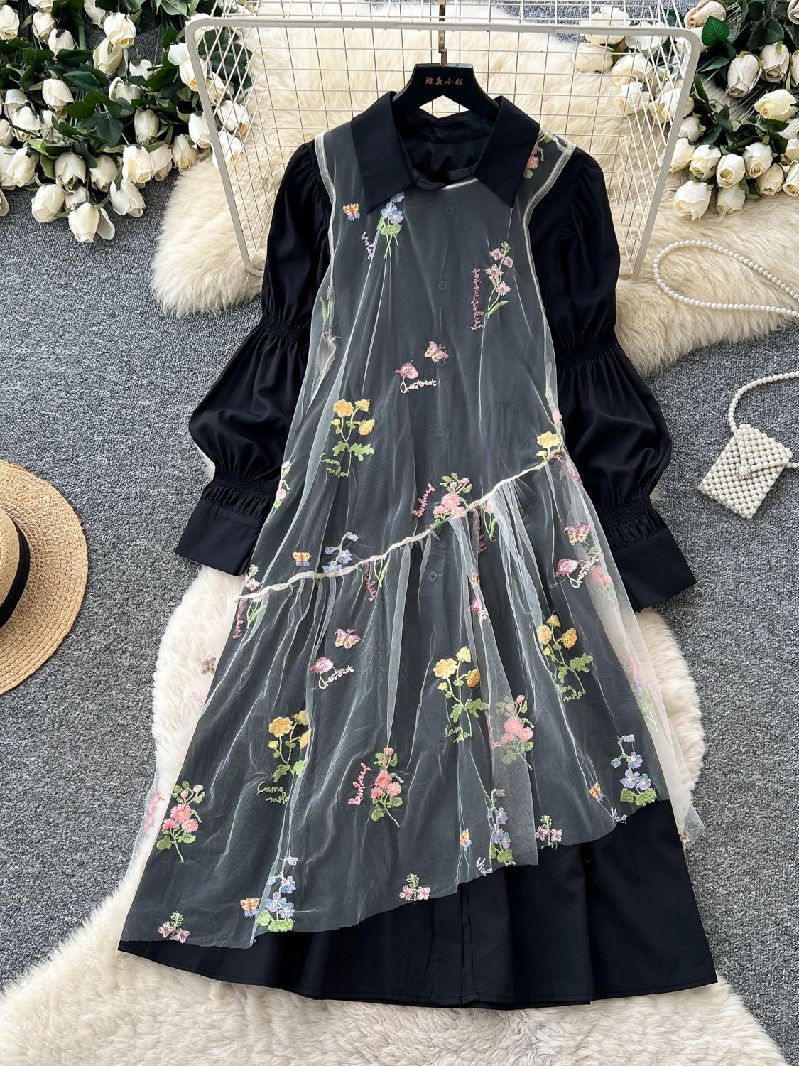 2026 Autumn New Korean Style Embroidered Floral Net Sleeve Cover up Dress Two Piece Set Women Commute Style Ensemble
