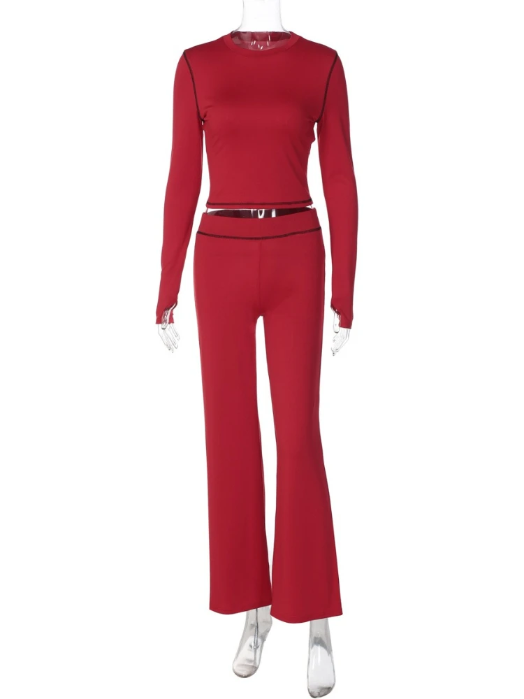 ชุดลำลองสองชิ้นสำหรับผู้หญิง สไตล์ไฮสตรีท สีพื้น คอกลม แขนยาว เสื้อครอปเข้ารูป กางเกงขาบาน แฟชั่นทันสมัย