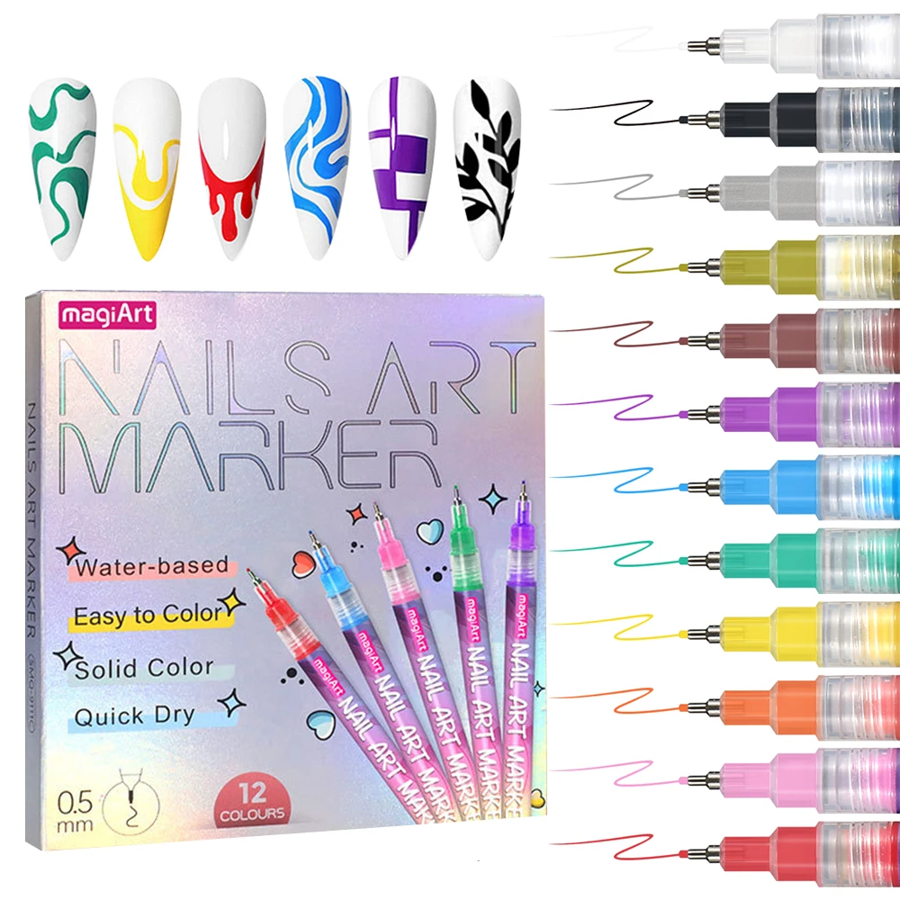 12-Farben-Nagelstifte für Nagelkunst zum Malen, Nagelkunst-Design, Acrylfarben-Marker, Graffiti-Stift, schnell trocknend, wasserdicht, 0,5 mm