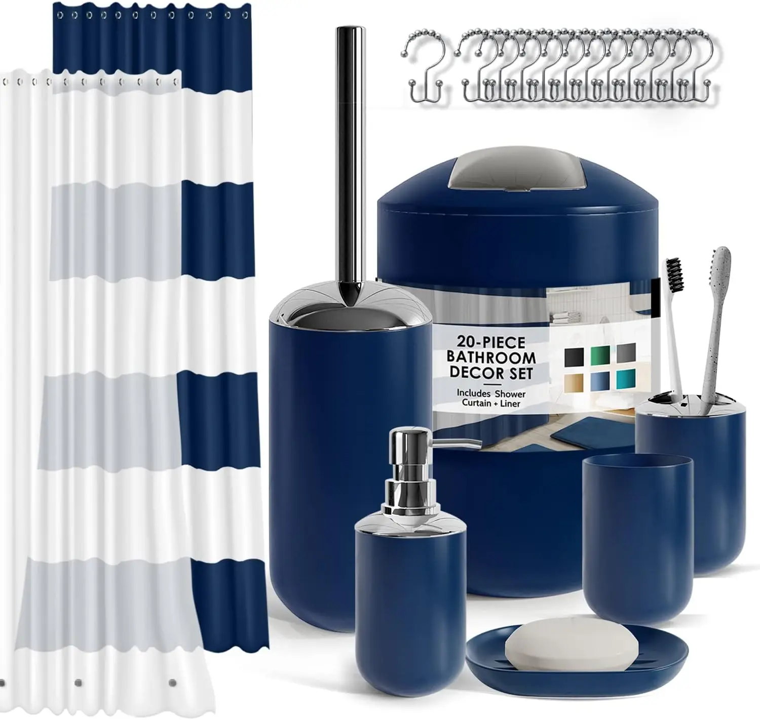 

Navy Bathroom Accessory Set, 20PC Shower Curtain with Liner, Toothbrush Holder, Soap Dispenser, Dish, Toilet Brush and Trash Can