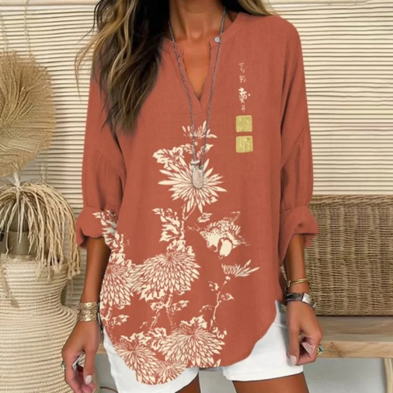 Blusa informal de manga 3/4 para mujer, estilo vintage chino, con estampado floral de crisantemo y pájaros, cuello en V, holgada, para primavera.