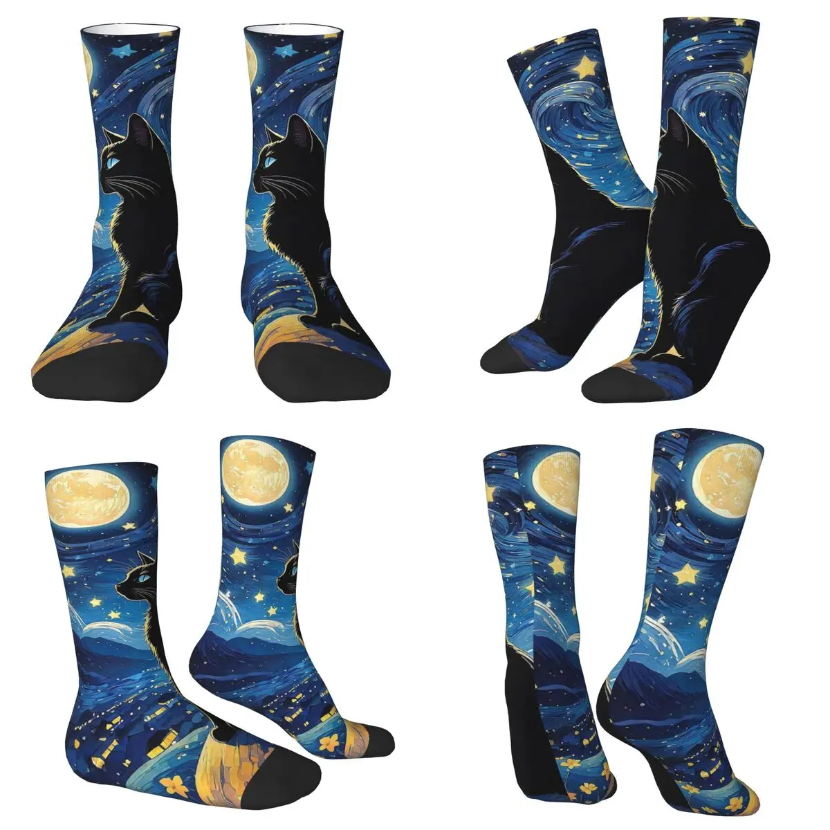 All Seasons Crew Stockings Cat And Starry Sky Design Socks Funny Long Socks for Men Women Valentine's Day Gifts