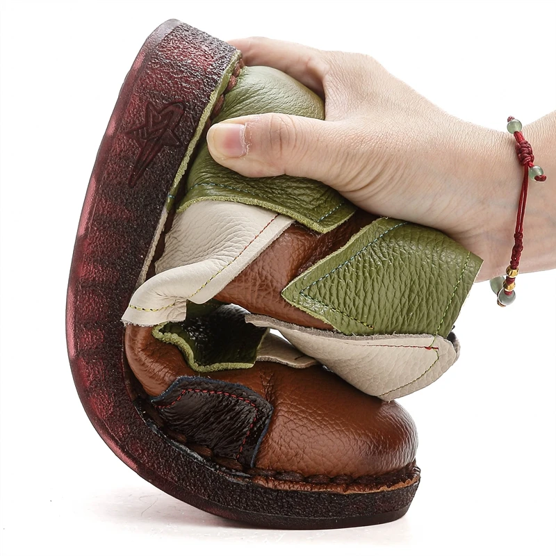AIYUQIWomen Genuine Leather Patchwork Ankle Boots ColorBlock Spliced Design HookandLoop Fastener Side Zipper HandStitched Wedge