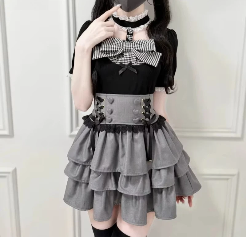 Women Sweet Lolita 2 Piece Set Short Sleeve Top High Waist Above Knee Cake Skirt Vintage Y2K Outfit