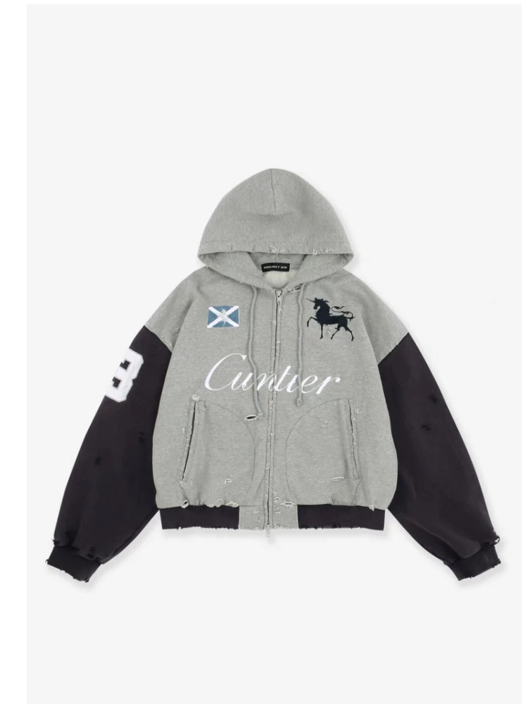 

Splicing zipper men's and women's hooded sweatshirt with personalized high-end feel and unique design jacket