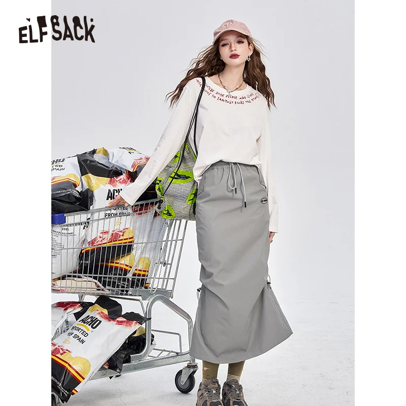 ELFSACK 2024 Autumn New Arrive Gray three-proof mountain workwear natural waist sports loose straight outdoor skirt for women