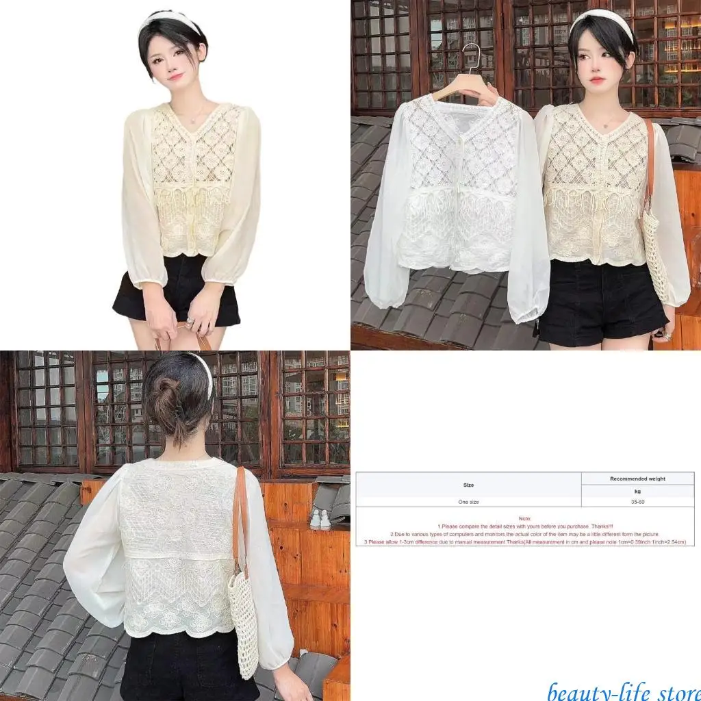 

Hollow Crochet Button Up Cardigan Women Puff Long Sleeve Blouse Shirt 517D