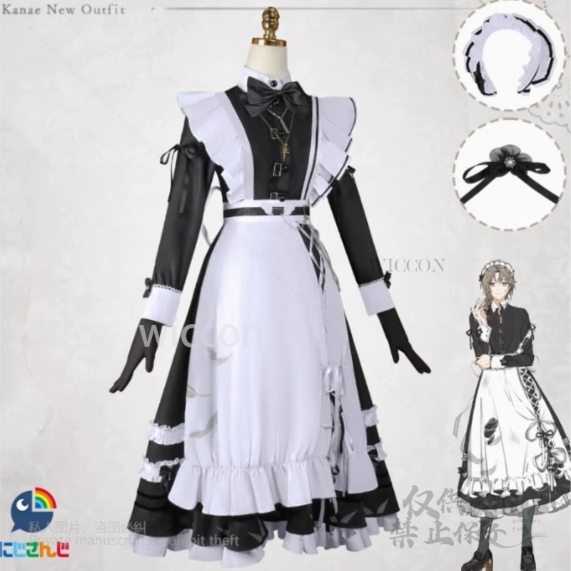 Disfraz de Anime Nijisanji V tuber Kanae, disfraz de sirvienta elegante, trajes de Cosplay, S-2XL, conjunto completo de pelucas cortas/largas para fiesta de Halloween