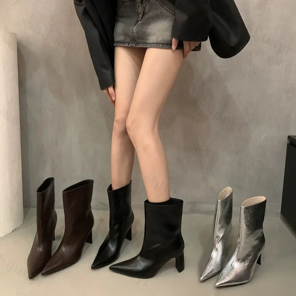 Sexy Pointed Toe High Heels Women Mid-calf Boots Solid Slip-on Single Booties New 2024 Fashion Western Style Street Female Shoes