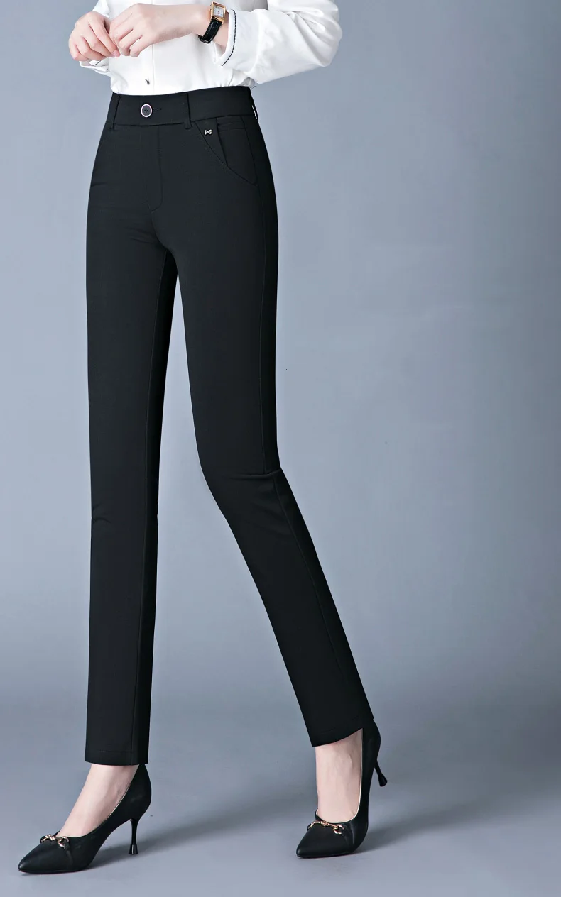 7XL Spring Autumn Casual Button Elastic Mid Waist Black&Navy Blue Straight Trousers Office Lady Quick Drying Suit Pants Female