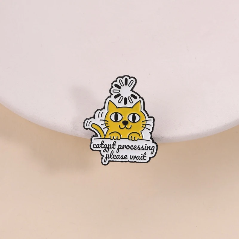 Please Wait CatGPT Humor Brooch Yellow White Design for AI Enthusiasts Programmers Casual Outfit Cute Geek Accessory