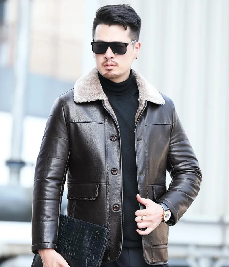 New  real Leather Men's Autumn and Winter Sheepskin Casual Lapel Mid Length Business Leather Down Jacket Size M-6XL