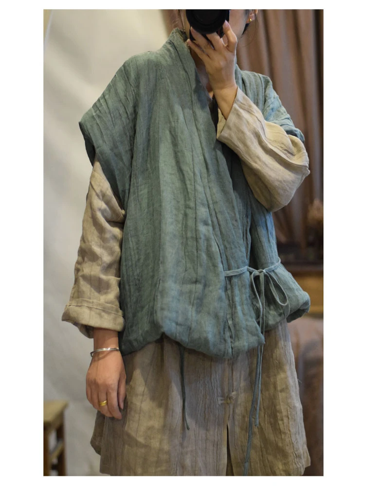 

Осенне-зимний женский жилет в стиле ретро с оригинальным дизайном, льняной текстурой, теплый, хлопковый, с завязками, в стиле Ханьфу, с наплечниками