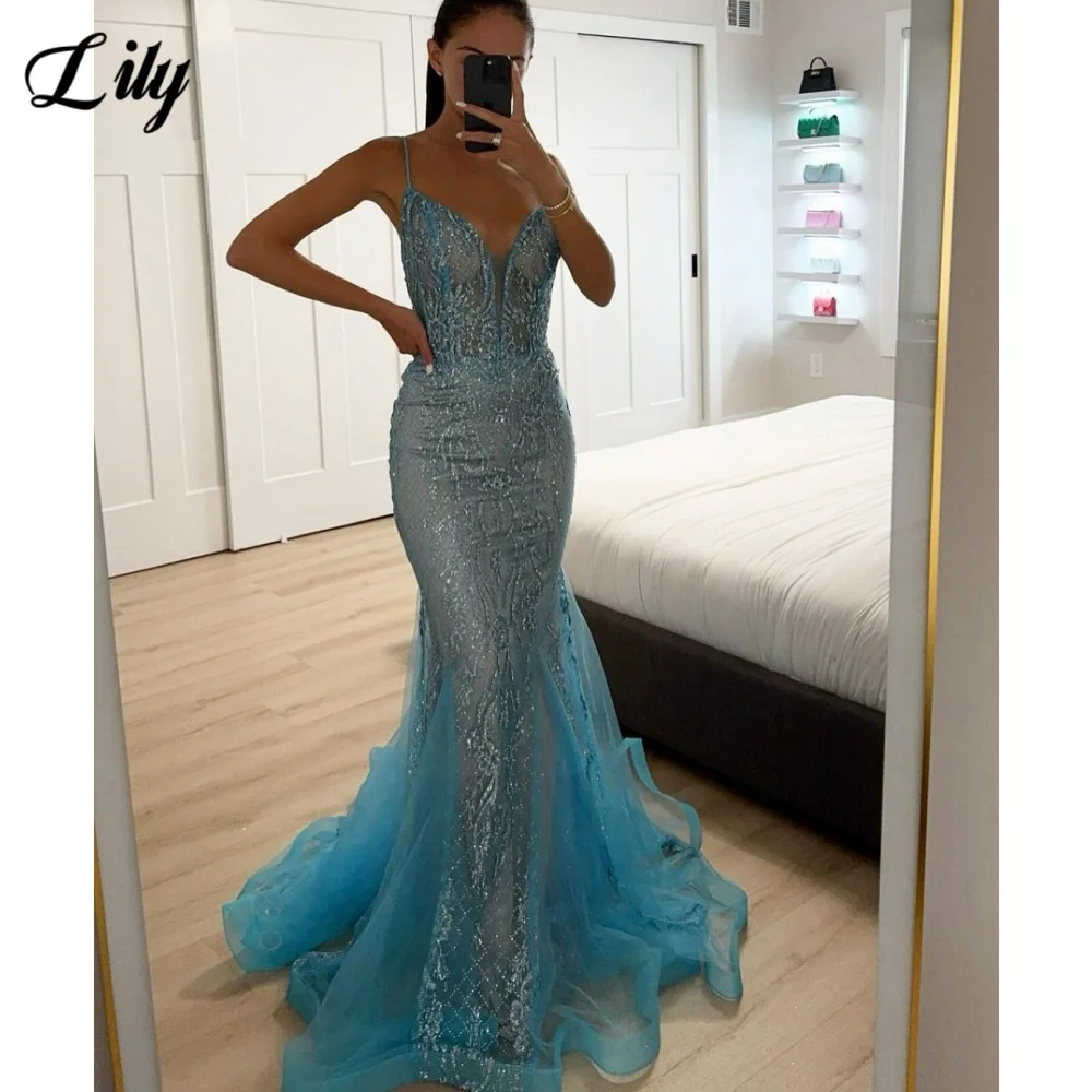 

Lily Blue Elegant Prom Dresses V-Neck Spaghetti Straps Evening Party Dress Shiny Sequins Beads Prom Gown robe de bal Customized