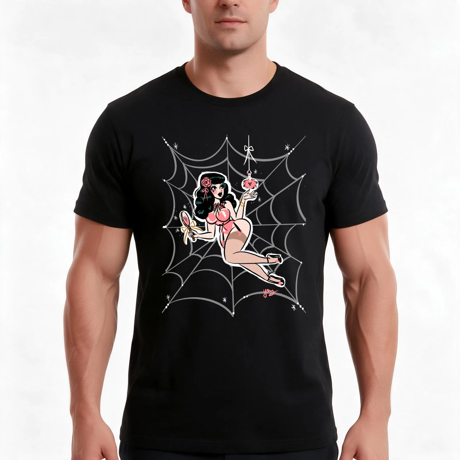 Spider Web Powder Puff Pinup T-Shirt Summer Casual Cotton Tee Oversized Streetwear Tops Vintage Graphic Print 100% Cotton