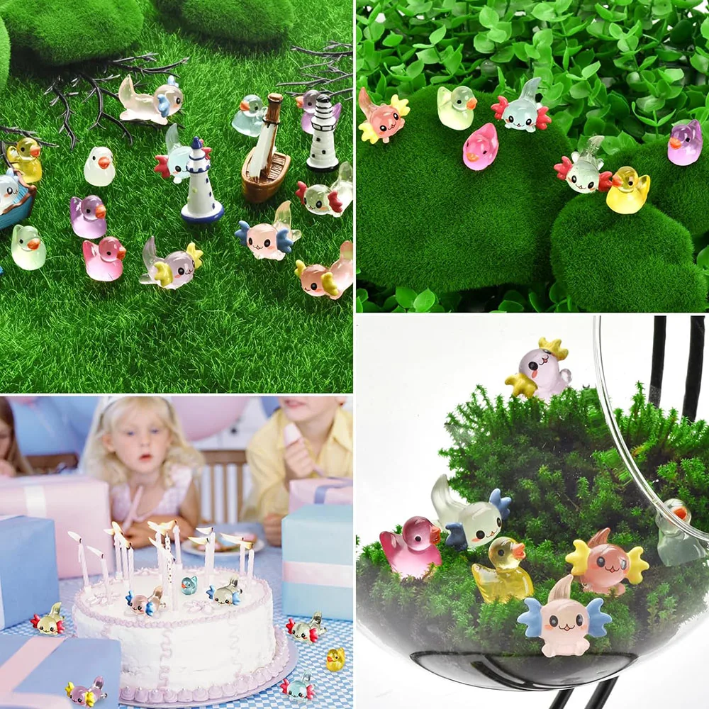 24Pcs Luminous Mini Axolotl Resin Figurine Axolotls Ducks Miniature Garden Landscape Aquarium Potted Plant Dollhouse Ornament