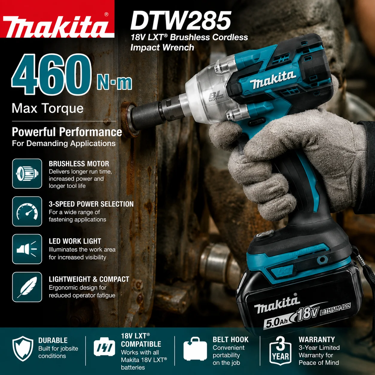Makita DTW285 18V Bürstenloser Schlagschrauber 320N·m + 6,0Ah Akku Kabelloses 1/2" Elektrowerkzeug-Set EU-Lager Schneller Versand Kompatibel mit LXT-System