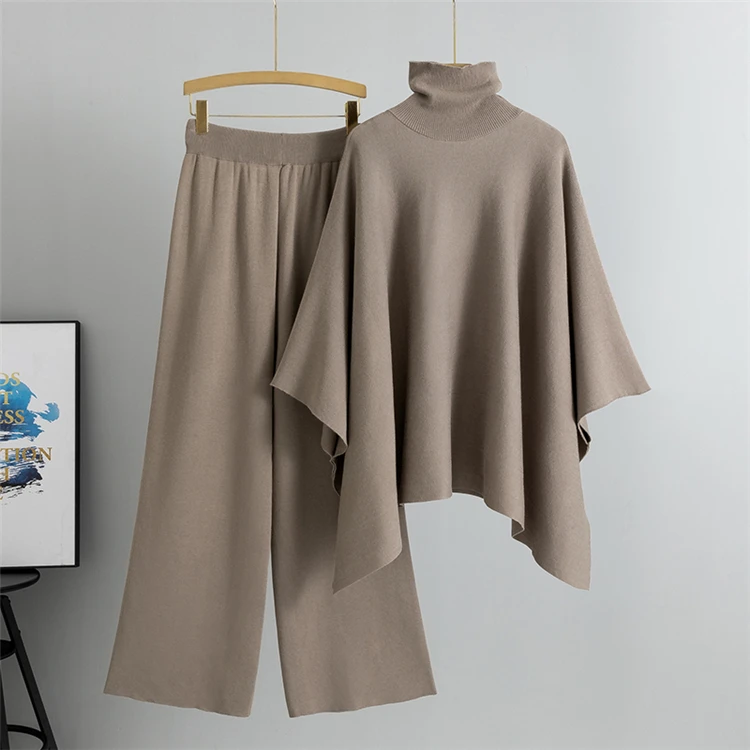 Neues Herbst/Winter Elegantes Rollkragen-Cape-Top mit Weiten Hosen Locker Sitzendes Set Modisches Strick-Zweiteiler für Damen – Detail 5