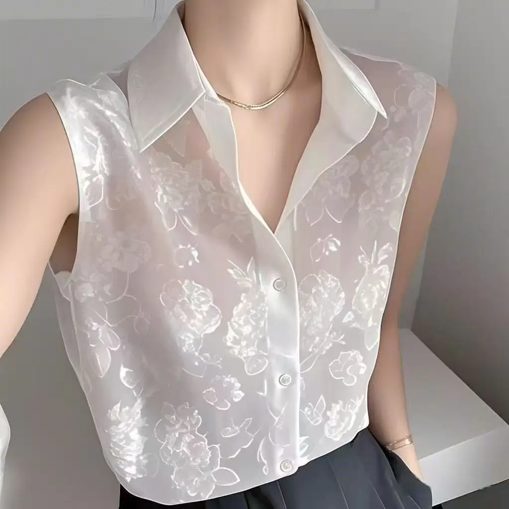 

Sheer Embossed White Blouse Women Elegant Sleeveless Sunproof Spring Shirt Korean Liquid Satin Wrinkle Resistant Lady Shirts New
