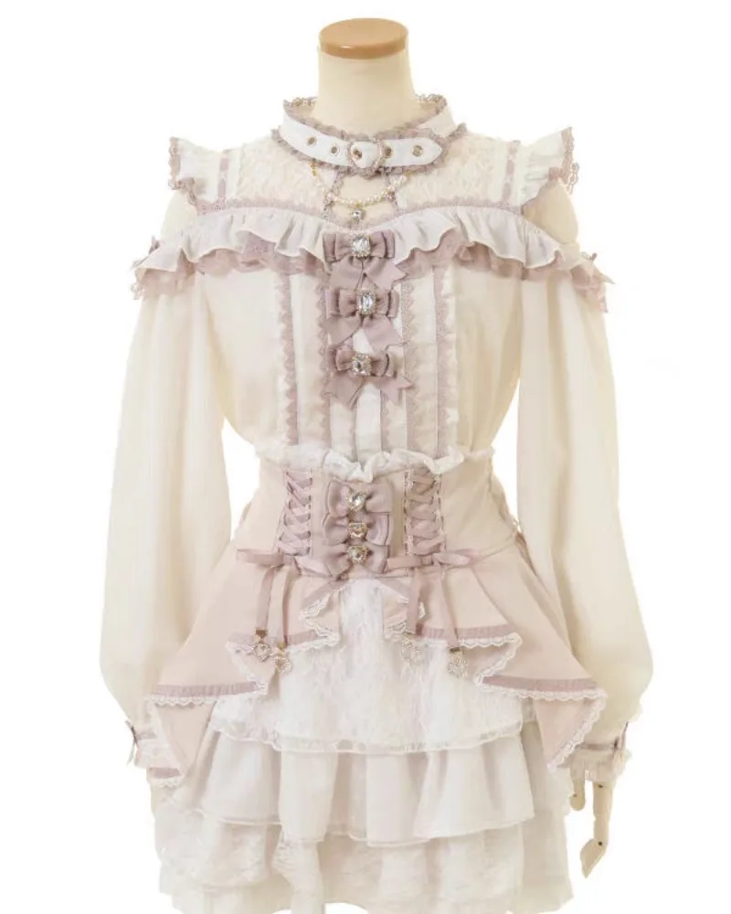 

Пуловер с воротником-стойкой, элегантная рубашка со вставками, тонкие кружевные лоскутные блузки с открытыми плечами, милый бант, Япония, французские блузки Y2K в консервативном стиле