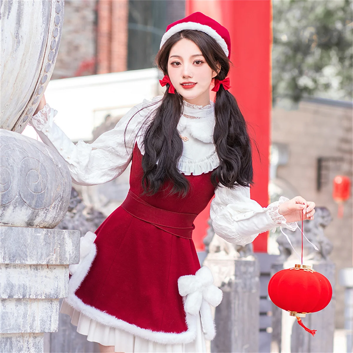 Chinese Sweet Style Lolita Cosplay Kawaii Girls Jsk Winter Red Warm Happy New Year Bowknot Fluffy Hemlines Christmas Dress