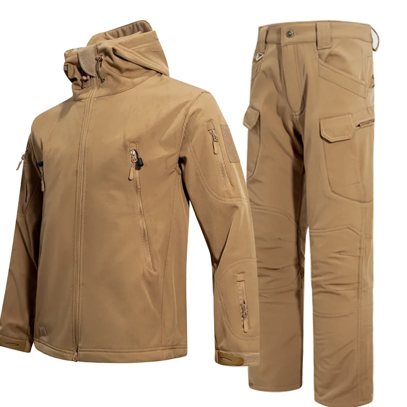 

5XL 2025 горячая зима, специальная тактика, тренировочная мягкая плюшевая толстая водонепроницаемая ветрозащитная теплая куртка с капюшоном и брюки
