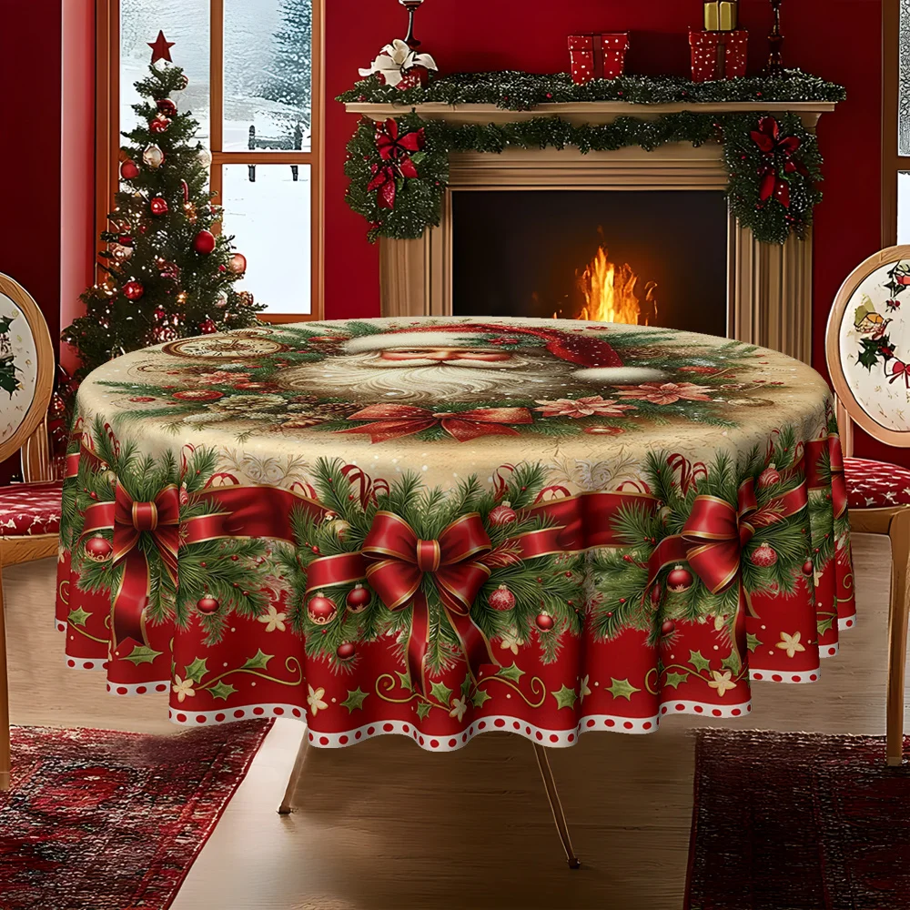 1Pc MerryChristmas retro vibe Santa bow print kitchen dining room round tablecloth