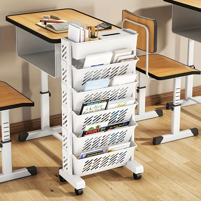 

Versatile White Plastic Rolling Side Table Bookshelf - Multi-Tiered, Mobile Storage Cart for Office and Home