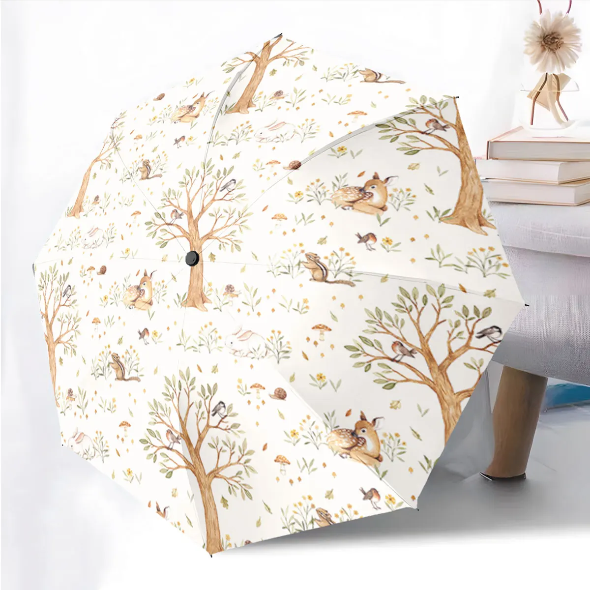 1PC Woodland Creatures Adorn the Charming Umbrella Print 8 Iron Ribs Folding Umbrella Auto-Open Fashion Sunshade