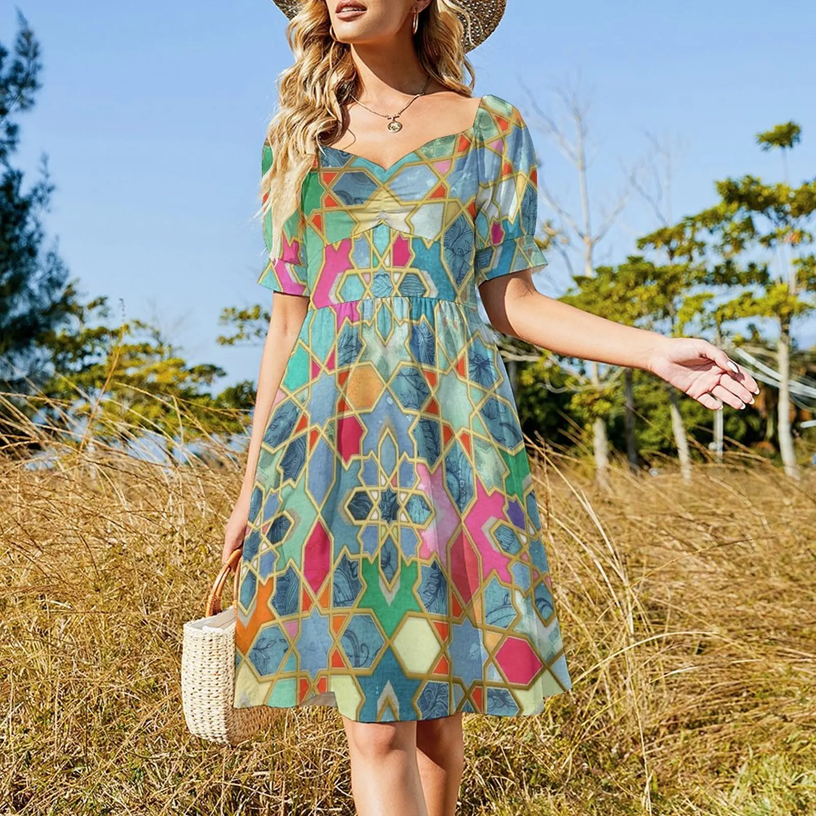 Gilt & Glory - Colorful Moroccan Mosaic Short Sleeved Dress Clothing female Long veiled dresses Dress